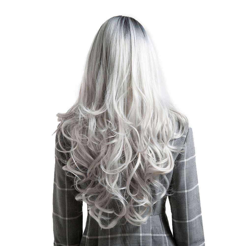 Black Grey Gradient Long Curly Faux Hair Wig Women Party Cosplay Hairpiece 5