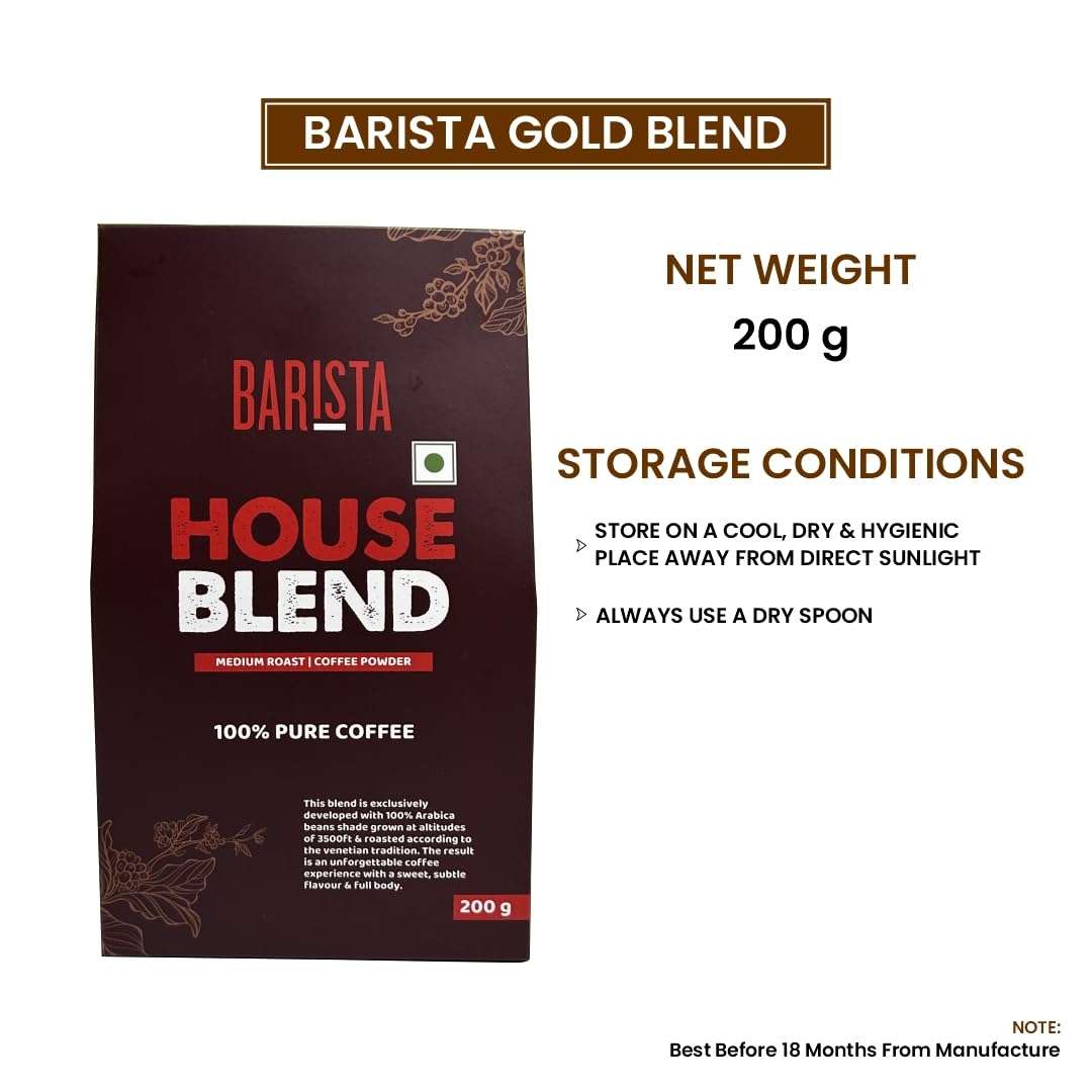 Barista Coffee, House Blend Coffee, Ground Coffee, Medium Roast Coffee Powder, Rich & Smooth Coffee, Diwali Gifts, 200g - Pack of 1 3