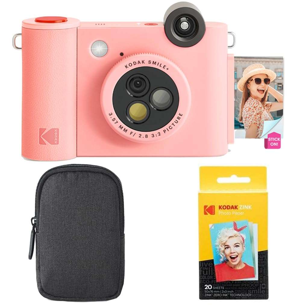 KODAK Smile+ 2-in-1 Digital Instant Print Camera & Wireless Bluetooth Photo Printer Starter Bundle + Carrying Case + Zink 20pk Sticky-Back Photo Paper - 10MP, Special-Effect Rotating Lens - Pink 1
