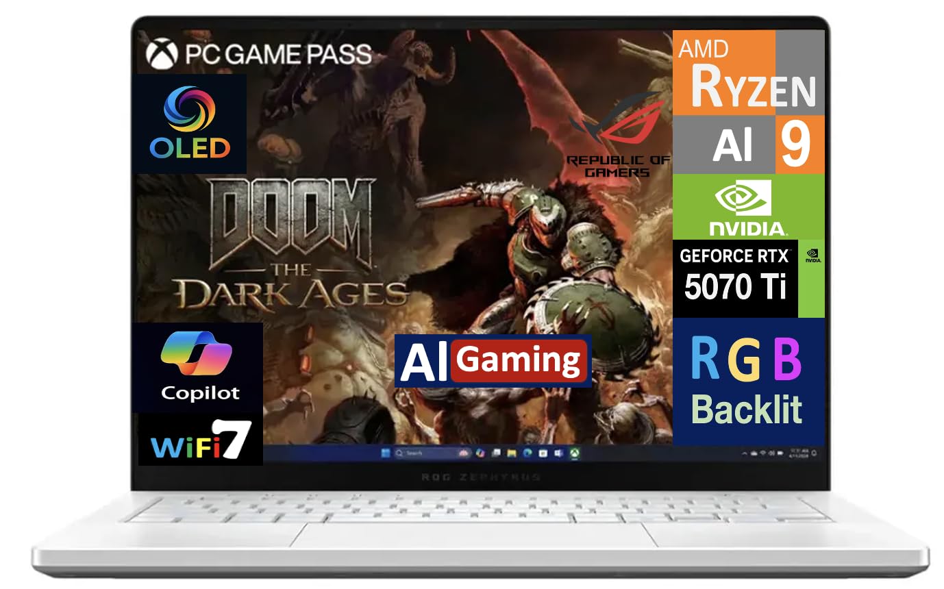 ASUS ROG Zephyrus Gaming Laptop 14" 120Hz OLED 3K 500 nits DCI-P3 100% (AMD Ryzen AI 9 HX 370, GeForce RTX 5070 Ti 12GB, 32GB LPDDR5X, 2TB SSD, Copilot, WiFi 7, RGB KB, Win11Home) w/DKZ USB Hub 4