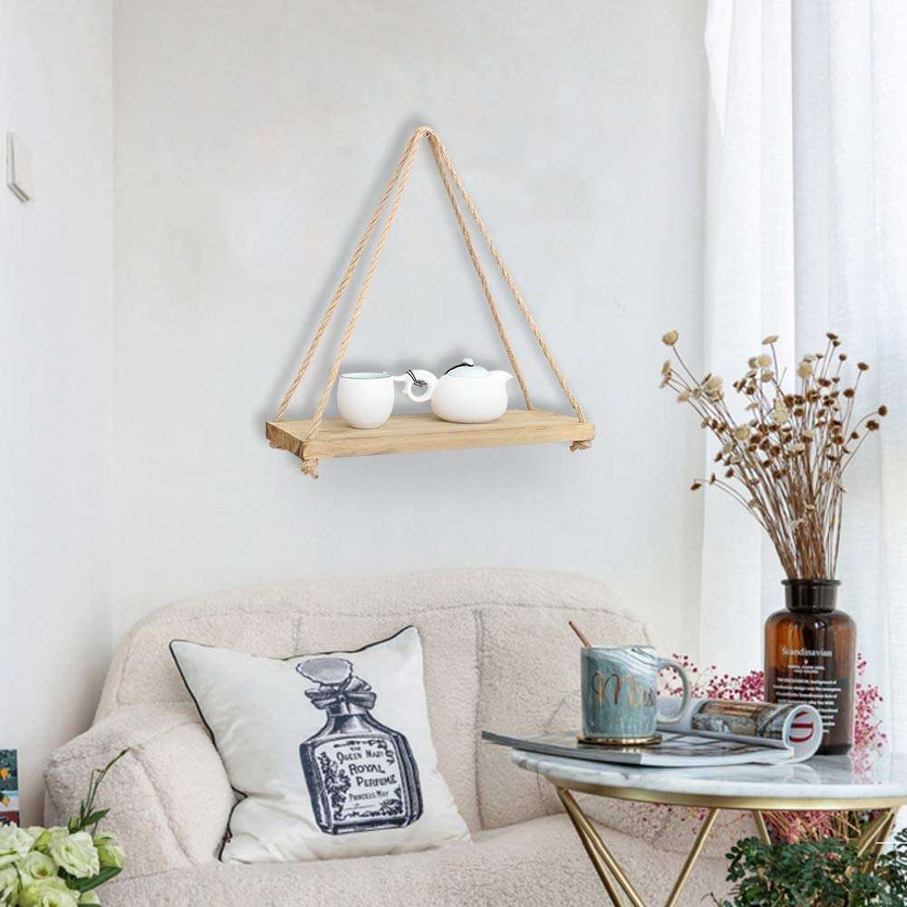 AB SALES Wooden Distressed Hanging Floating Shelves with String Rope with Hooks - 2 Pieces, Beige 4