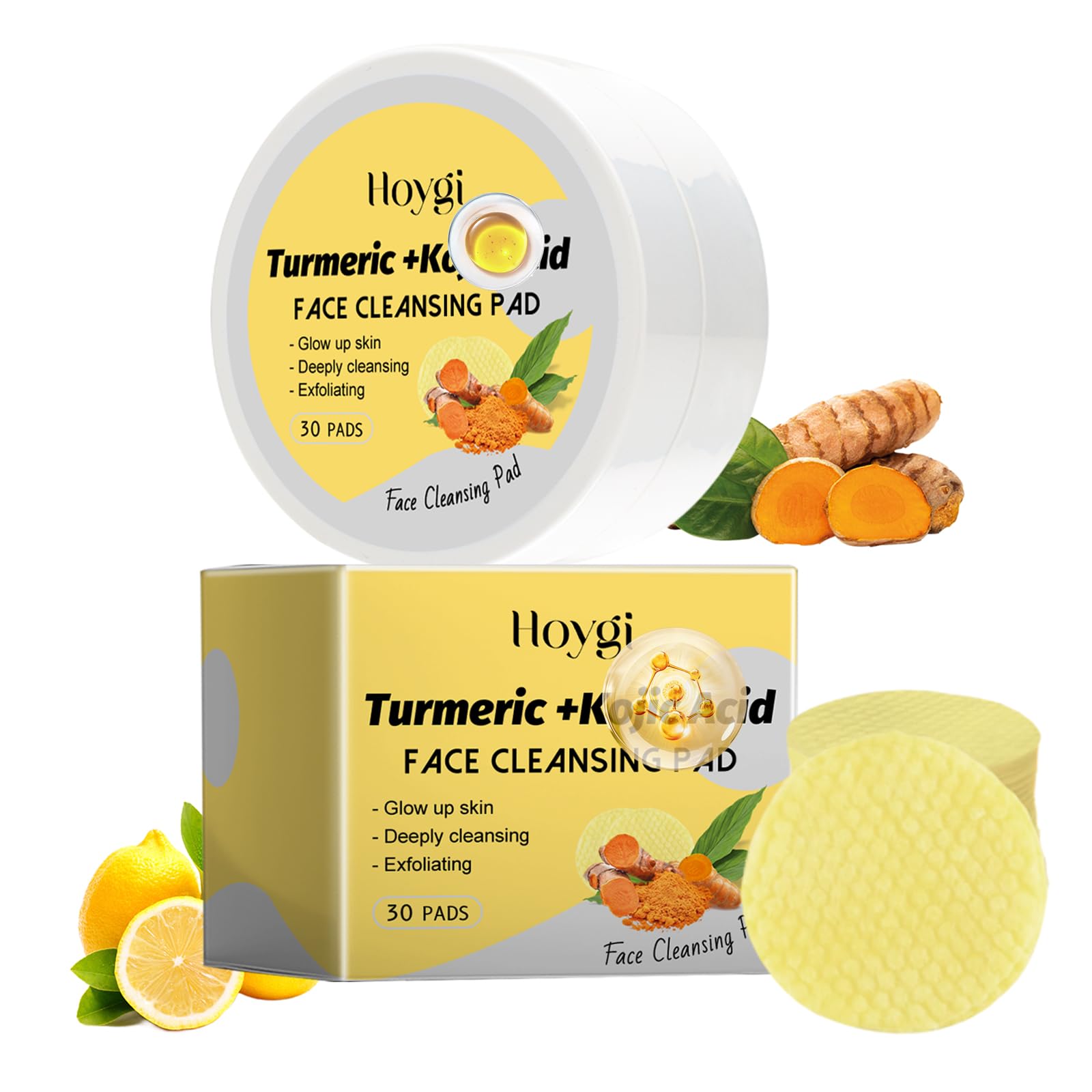 HOYGI Kojic Acid and Turmeric Cleansing Pads for Face Cleansing and Exfoliation, Turmeric Face Scrub Pads, 30 Pcs/Box 2