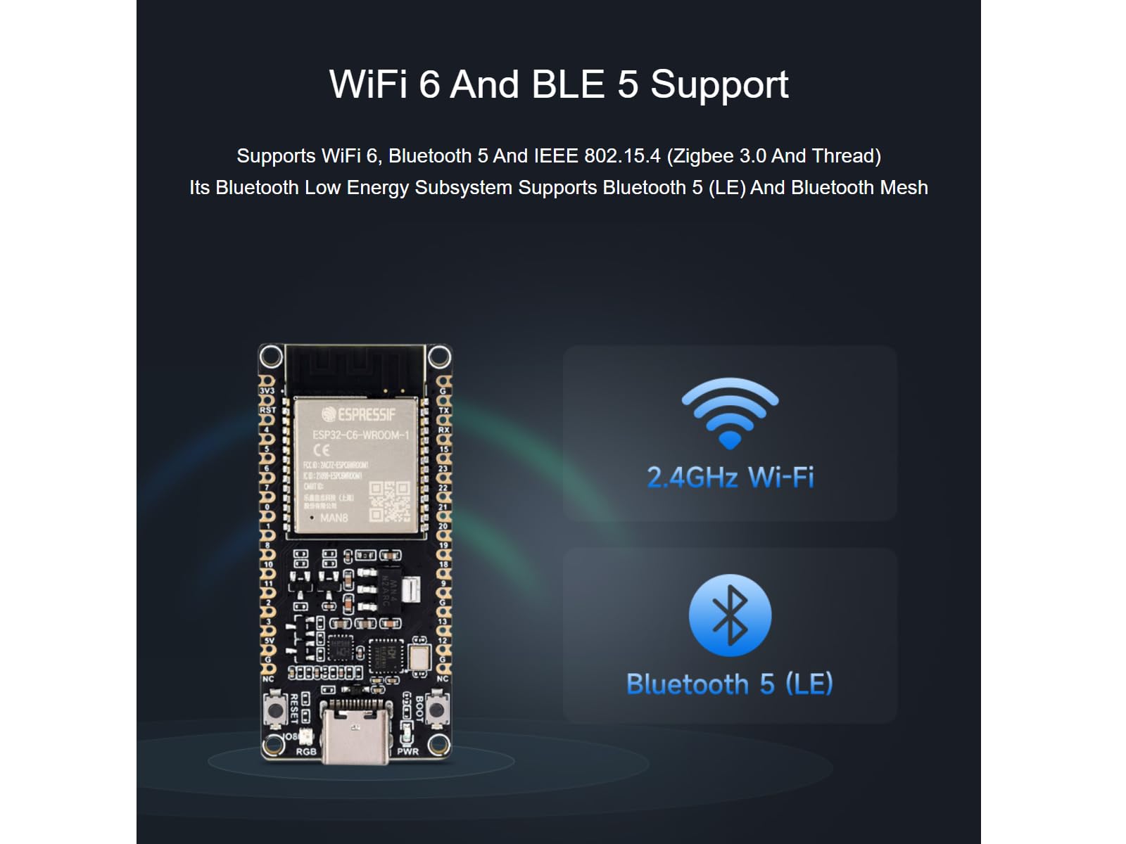 Waveshare ESP32-C6 Microcontroller WiFi 6 Development Board with Pre-soldered Header Onboard ESP32-C6-WROOM-1-N8 Module,RISC-V 32-bit Sngle-core Processor, WiFi 6+Bluetooth 5+IEEE 802.15.4 4