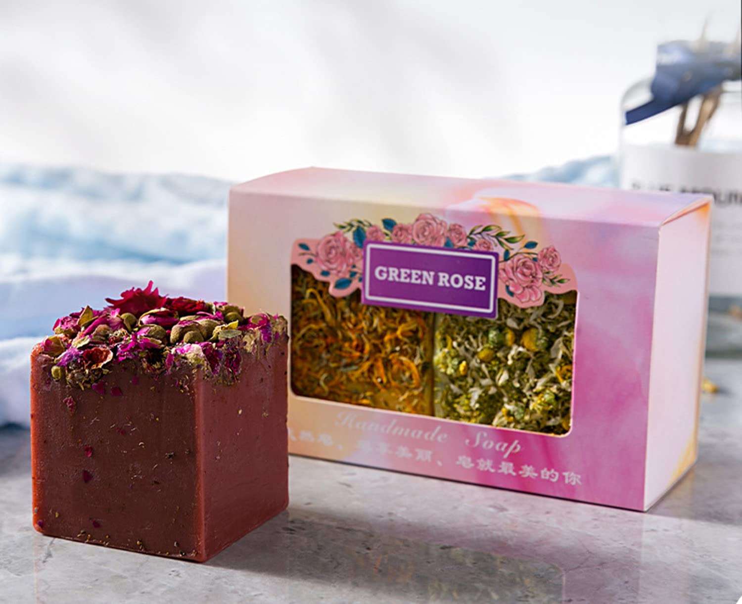 T-shin Rose Flower Botanical Soap Bar,110G Handmade Natural Rose Essential Oil Floral Face Body Soap,Moisturizing Artisanal Scented Bath Soap Gift with Blistering Net for Men & Women (Rose) 6