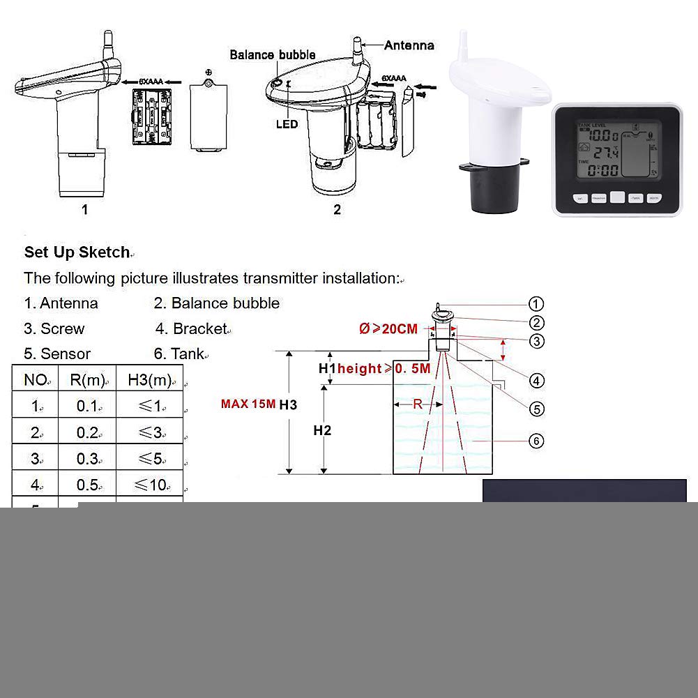 Wireless Tank Level Monitor Water Tank Level Sensor Ultrasonic Water Tank Liquid Depth Level Meter Sensor Temperature Display Water Tank Level Temperature Sensor Water Level Indicator Measuring Meter 3