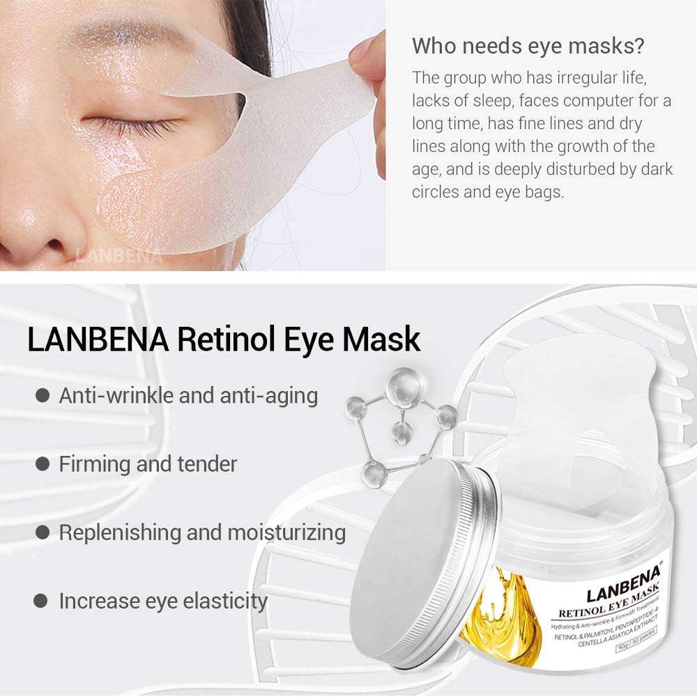 LANBENA Eye Mask Sheet Hyaluronic Acid Eye Serum Patches Vitamin C Pad for Reduces Dark Circles Bags and Eye Lines Repair Skin Nourish Firming Skin (90g/50 pieces) (Gold) 4