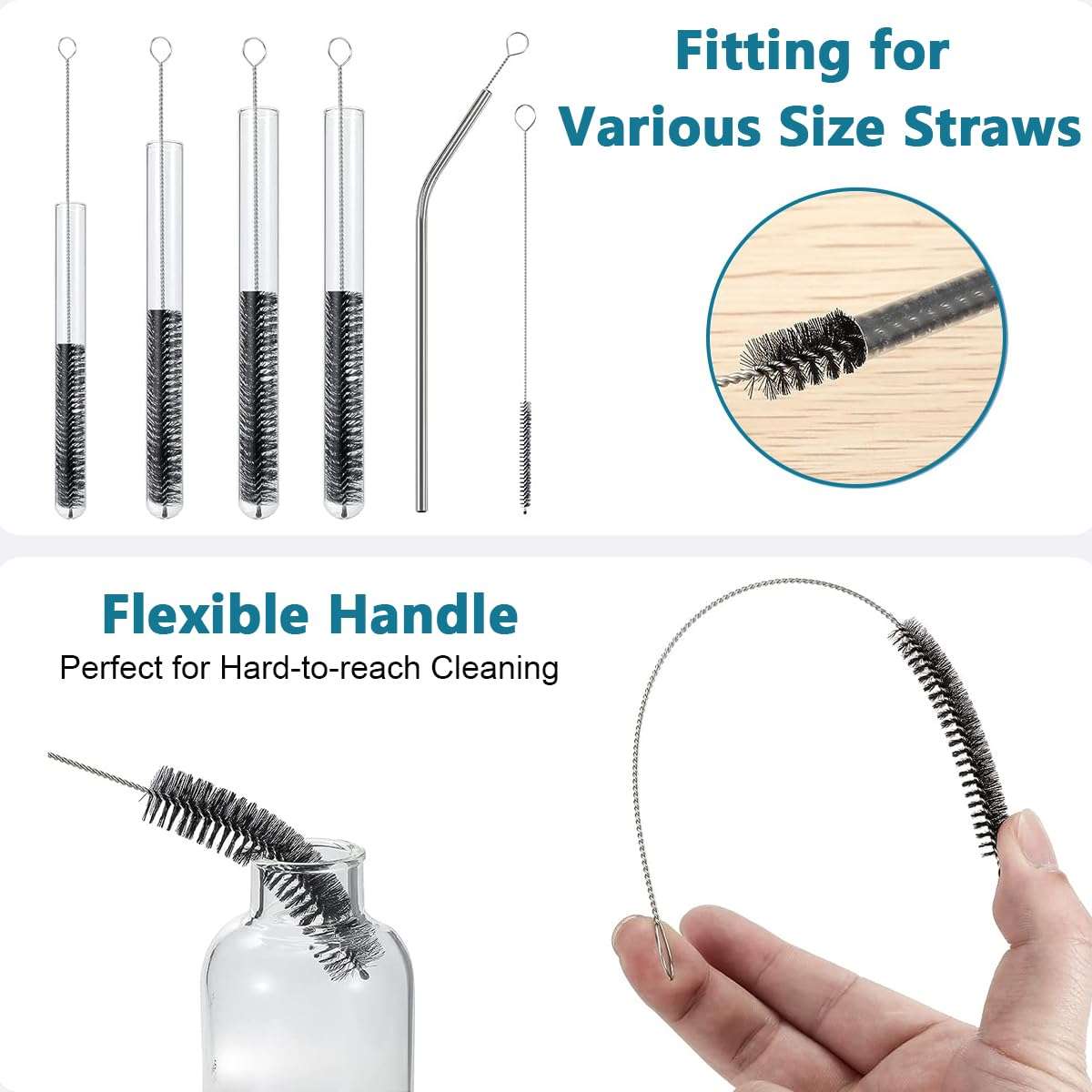 HASTHIP® 12pcs Straw Cleaner Brushes, 8 Inch Tube Cleaning Brush and Nylon Pipe Brush Kit for Sippy Cup, Tumbler, Water Bottle, Drinking Straw, Black 5