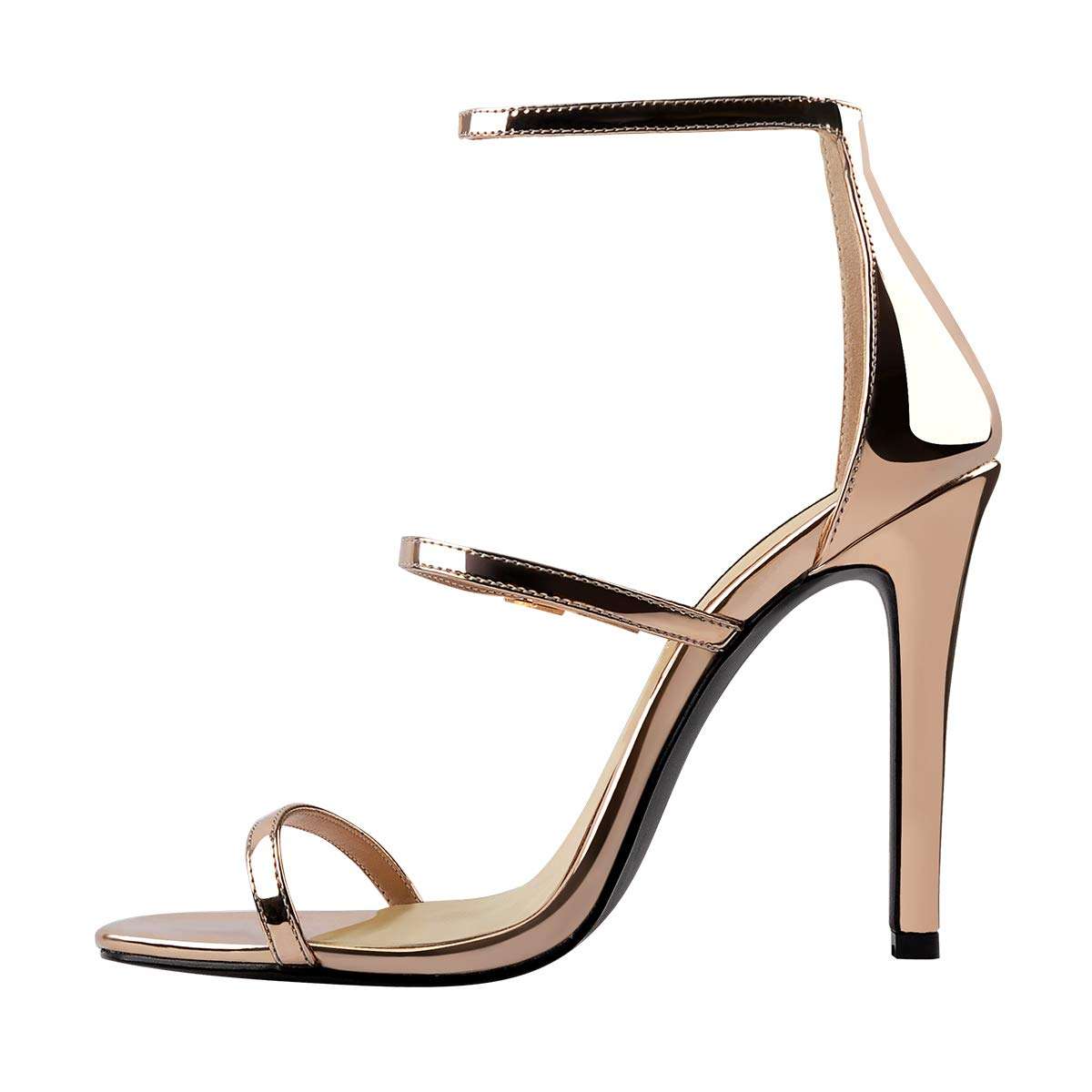 LISHAN Women's Ankle Strap Stiletto Open Toe Sandals Sexy Triple Strappy High Heel Party Wending Dress Evening Shoes Champagne Gold Size 5 3