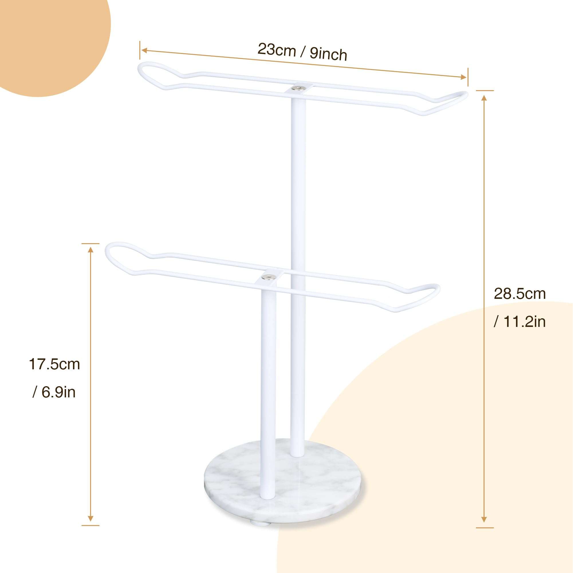 Josmimic White Headband Holder and Scrunchie Organizer: Hair Accessory Storage Stand with White Marble Base, Two-Tier Design for Bathroom, Vanity, or Dresser 6