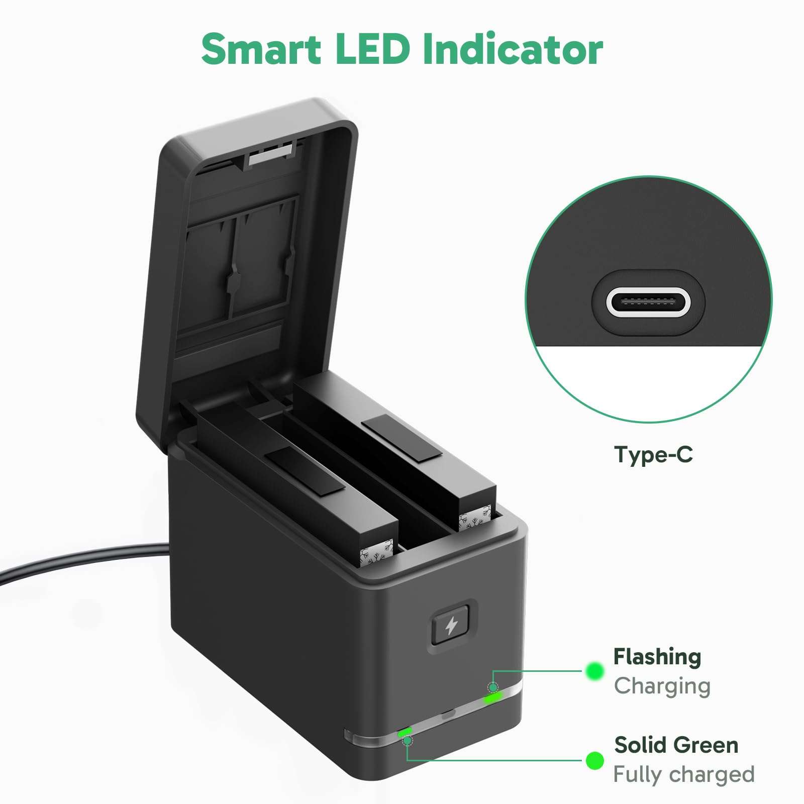 2 x 1350mAh Rechargeable Cold-Resistant Battery with 3-Channel Charger Case for AKASO 360 Camera, MicroSD Card Storage Slots 6