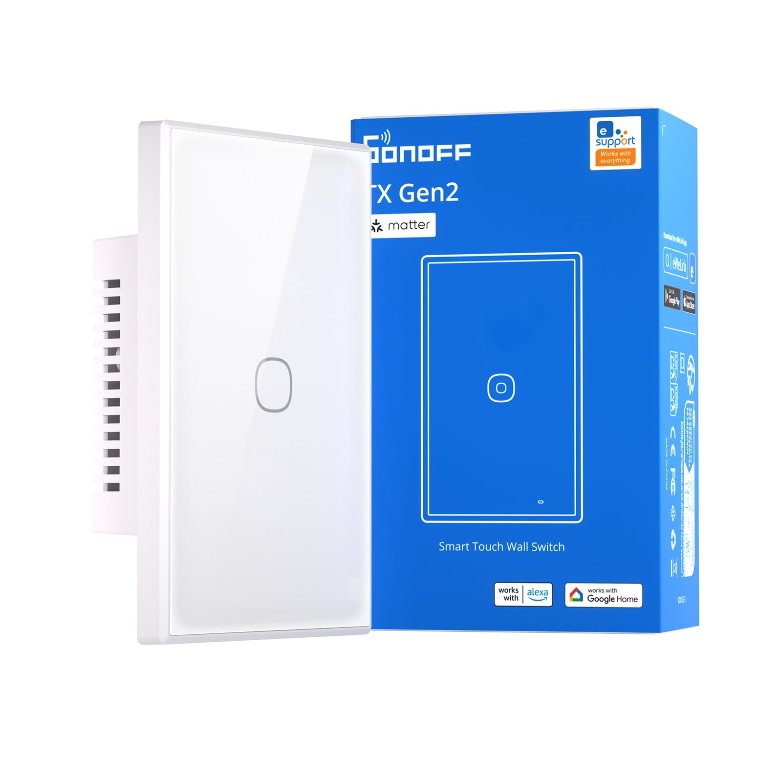 SONOFF TX Gen2 Smart Wall Touch Switch, 1-Channel 120-Type Panel, 2.4GHz Wi-Fi, eWeLink App Control, Matter Compatible, Works with Apple Home/Google Home/Amazon Alexa - T6-1C-120M
