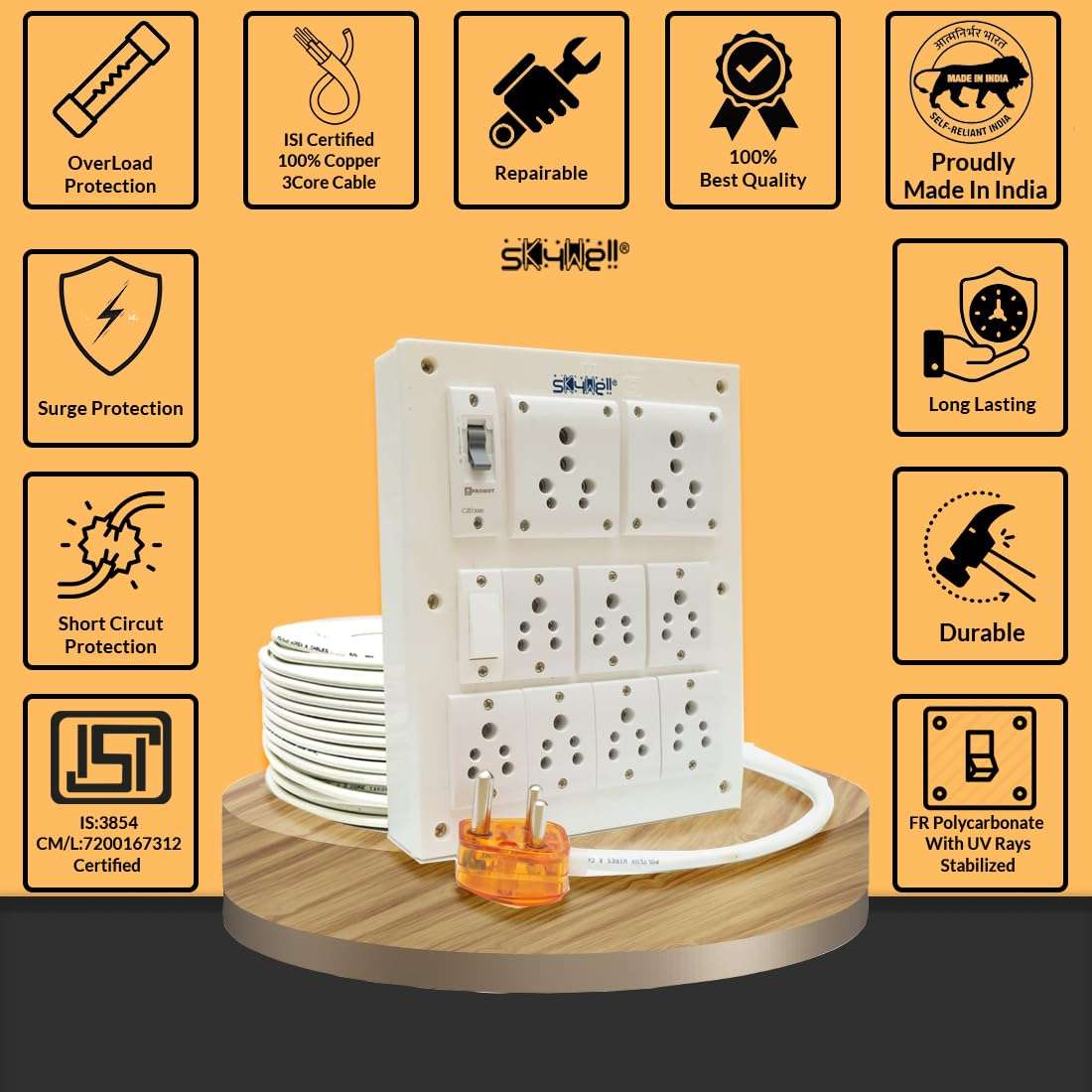 SKYWELL 16Amp-2 Outlet & 7Plug of 6Amp with MCB & Indicator Heavy Dute Extension Board with 1.5Sq MM 3Core Cable3 Meter 6