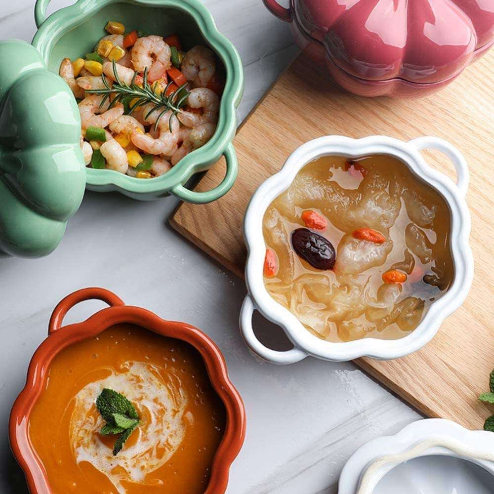 Mini Baking Dish Cute Pumpkin Bowl, Creative Personality Binaural Charcuterie Accessories Ceramic Baking Tableware Dessert Fruit Soup Bowl,-White Milk Pans Kitchenware (Color : Orange) (Green) 5