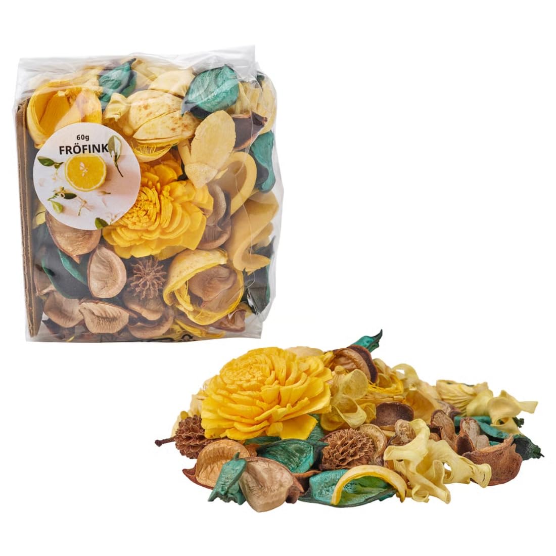 IKEA FRÖFINK Scented Potpourri, Citrus Flower Yellow, 60 g with VILJESTARK Vase, Clear Glass, 8 cm 3