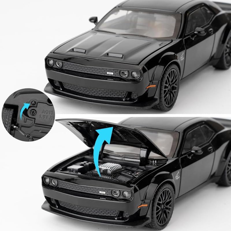 RJKD New 1:24 Dodge Challenger Alloy Die-Cast Metal Car Pull-Back Action with Openable Doors Realistic Sound and Light Effects Car for Kids - Black 6