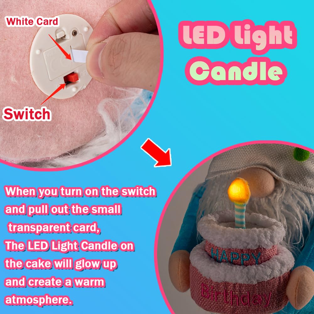 unanscre Large Birthday Gnome Plush Elf Decoration - 26’’-35’’ Standing Happy Birthday Gnome w/Retractable Spring Legs Handmade Rainbow Pennant Hat Hold LED Light Cake, Gnome Gifts for Women Mother 5