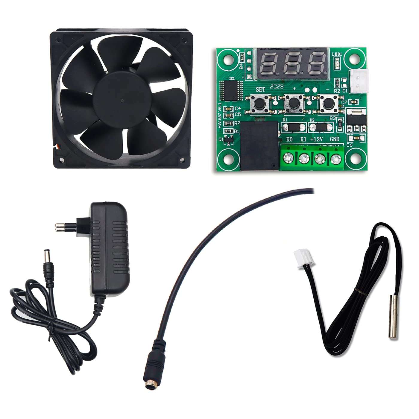 Electronic Spices Combo of Xh-w1209 Temperature Controller Thermostat Module With Probe, 3 Inch 12v Dc Exhaust Cooling Fan, 3.5mm Female Jack and 12v 1a Dc Power Supply Adapter 1