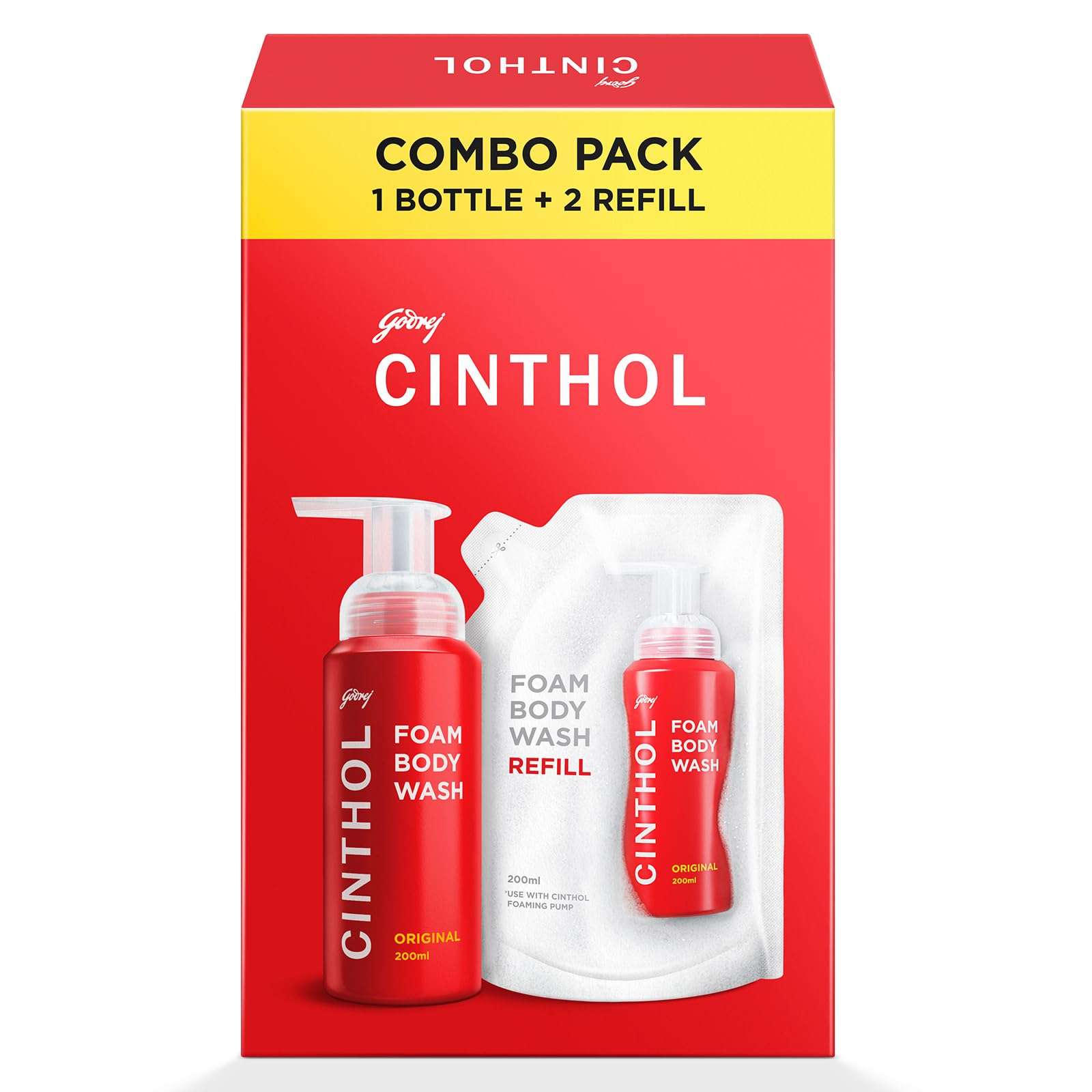 Cinthol Original Foam Body Wash - Combi Pack (600ml) | 1 Bottle & 2 Refill | Unique Foam Formula for Moisturized & Irresistibly Soft Skin | Suitable for All Skin Types 1