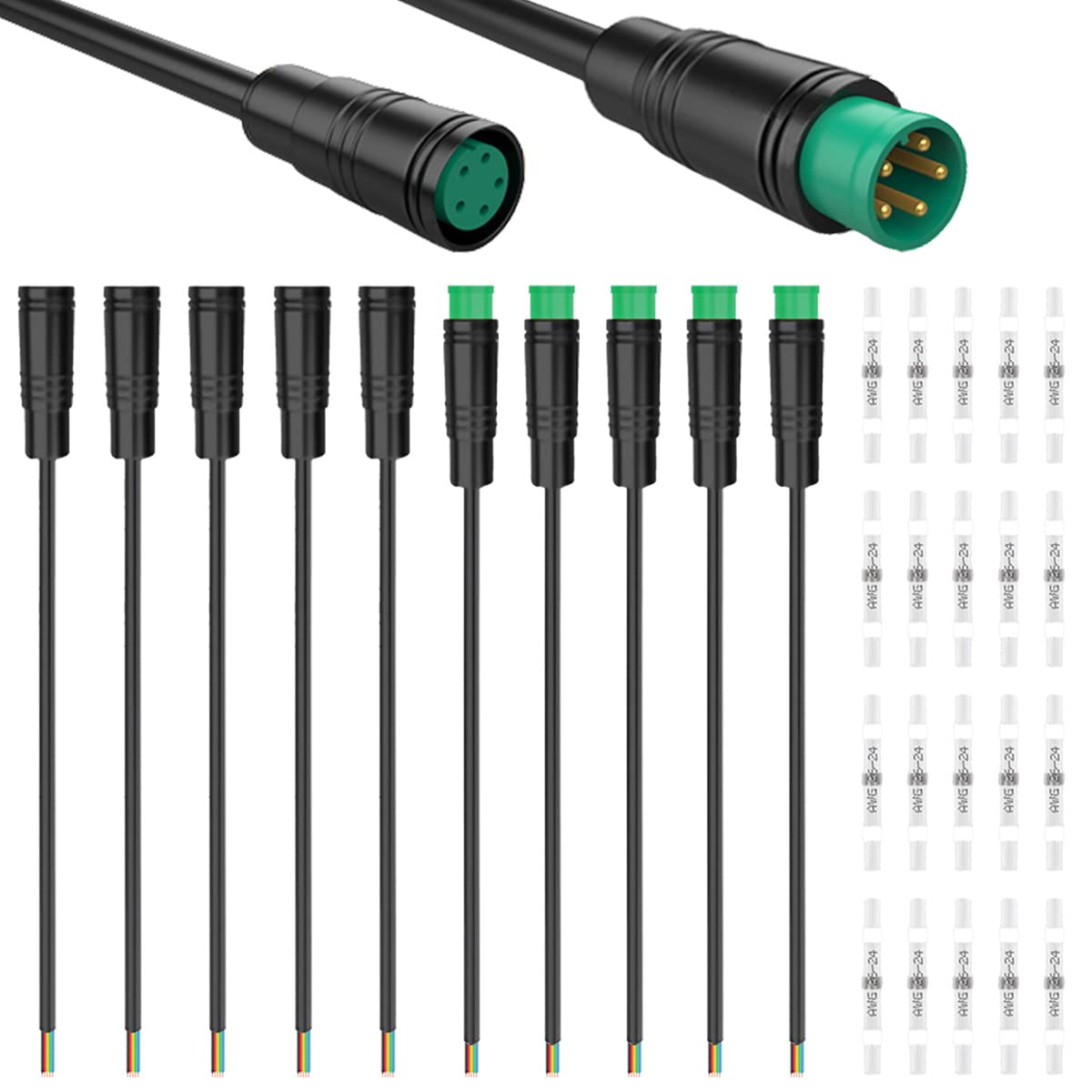 DKARDU 5 Pairs Waterproof Julet 5 Pin Connector Ebike Extension Cable - 20cm Female & Male Plug Wire for Electric Bicycle Light, Throttle, Ebrake, DIY Bike Projects, with 20 Pcs Heat Shrink Tube