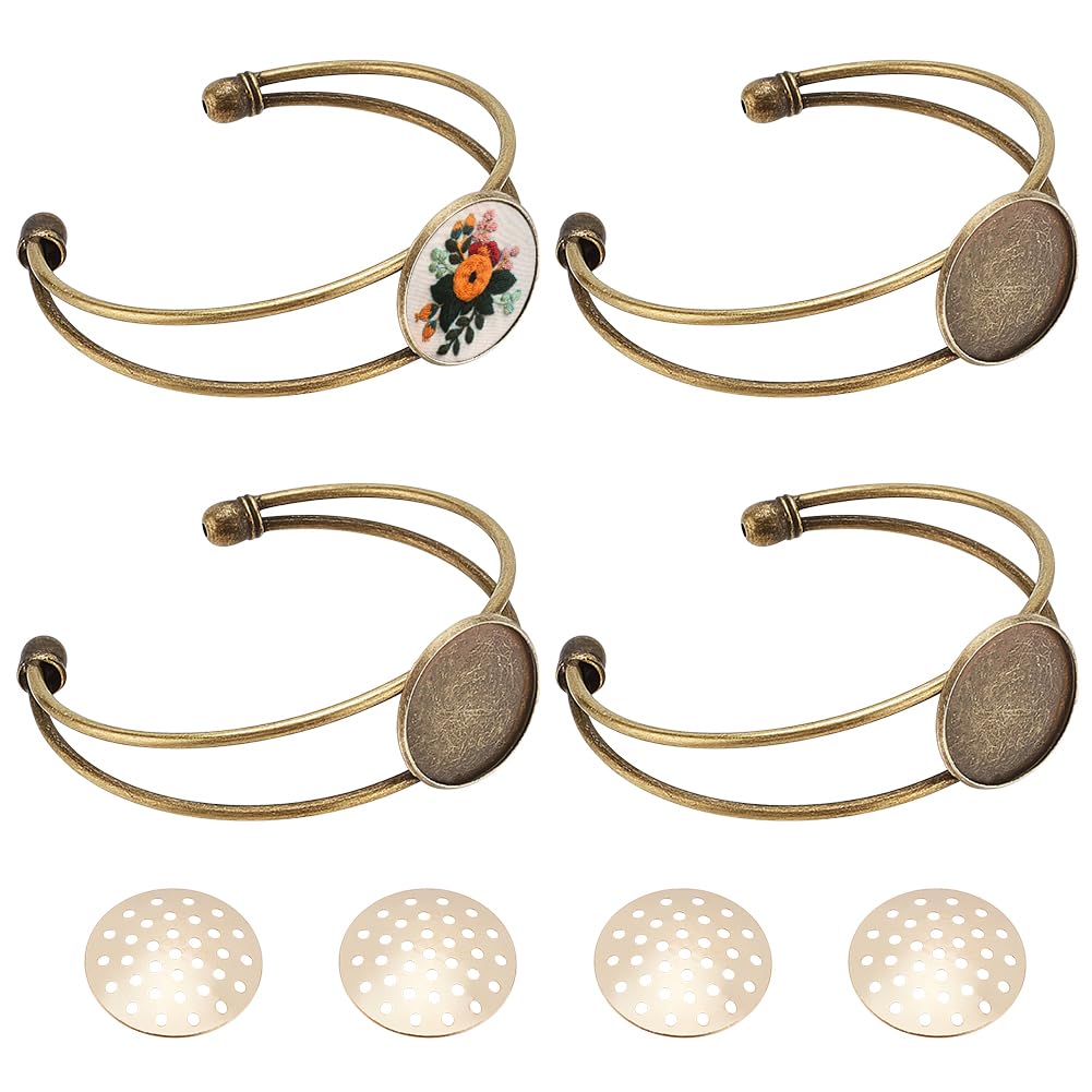 FREEBLOSS 4 Set Bracelet Bazel Settings Embroidery Bezel Pendant Trays Blank Frame for Embroidery Round Pendant Tray Charm for DIY Jewelry Making Needlepoint Supplies