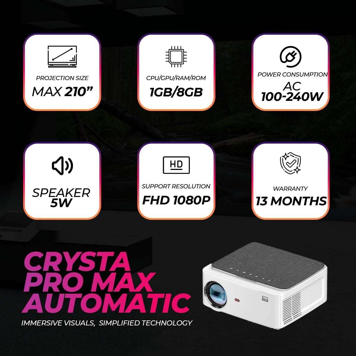 WOWOTO Crysta Pro Max Automatic Projector Android 9 | 6D Auto Keystone | 1GB RAM- 8GB ROM | FHD 1080p Native 4K Support | Ultra Bright 9000L & Wireless Mirroring | 5W speaker | Dolby, WiFi + Bluetooth 3