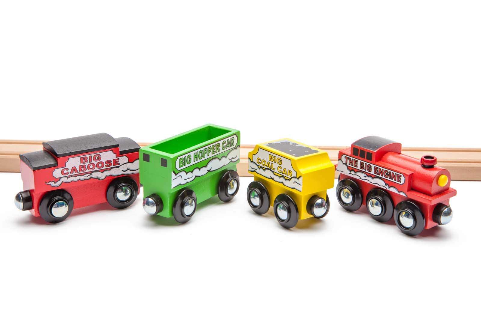 Maxim Enterprise, inc. Wooden Train Engine Set with Coal Car, Hopper Car and Caboose, Big Size Steam Engine Locomotive and Cars with Magnetic Connectors, Compatible with Major Brand Wooden Railways 2