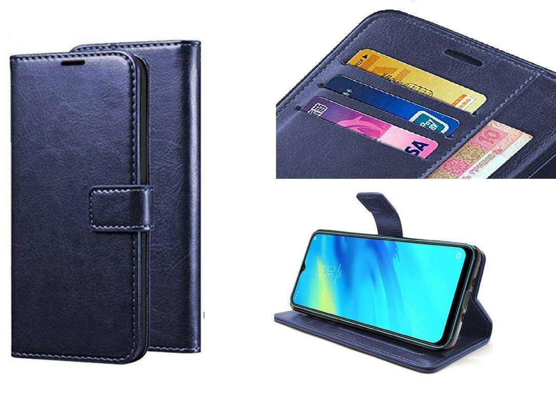 Nkarta® Genuine Leather Finish Flip Cover Back Case for Mi 10i|Inbuilt Stand & Inside Pockets| Wallet Style | Magnet Closure (Blue) 3