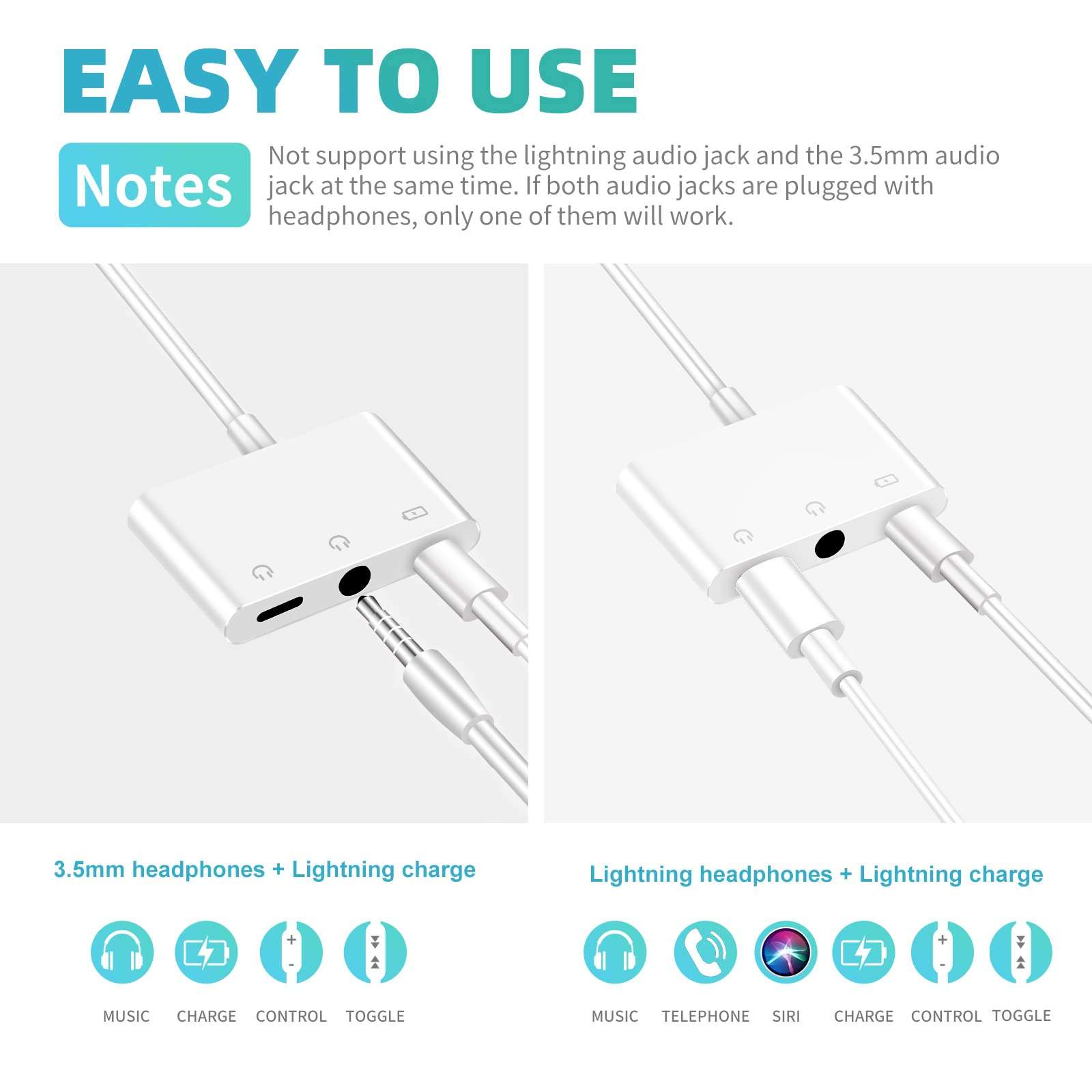3.5mm Headphone Splitter for iPhone iPad 3 in 1 Earphone Jack Adapter with Fast Charging Lightning Audio Jack Connector Compatible for iPhone 14 13 12 11 X XR XS 8 7 iPad 5
