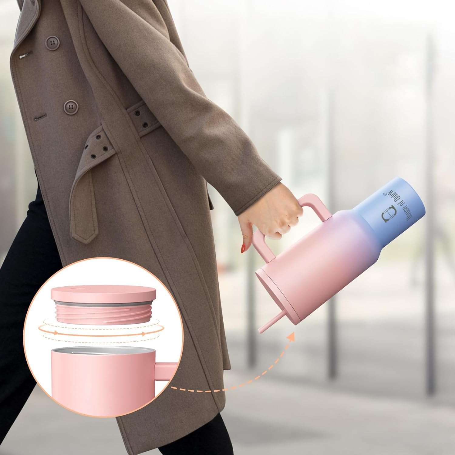 House of Quirk 1200ML Stainless Steel Tumbler Hot and Cold with Handle and Lid 2 Straw, Double Insulated Cup Leak Proof Mug Cupholder for Gym, Travelling (Cotton Candy Haze) 5