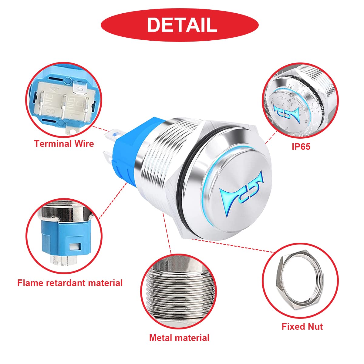 MKBKLLJY 4Pcs 16mm Mounting Hole Raised Speaker Horn Momentary Push Button Switch DC 5A 12V Blue Red LED Light Silver Stainless Steel Shell 1NO 1NC SPDT with Wire Socket Plug for Car Marine Boat 4