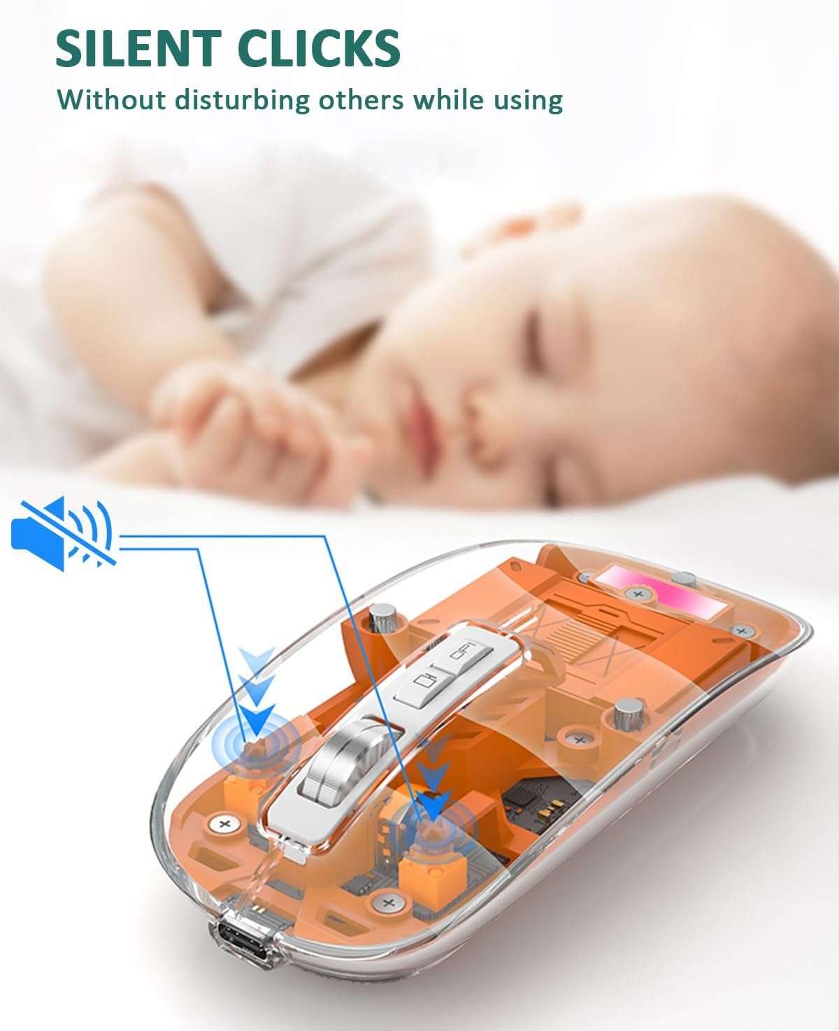 MICROWARE Bluetooth Wireless Mouse Tri-Mode (BT5.1+BT5.1+2.4GHz) USB C Rechargeable Transparent Computer Mouse Silent with USB Receiver 3