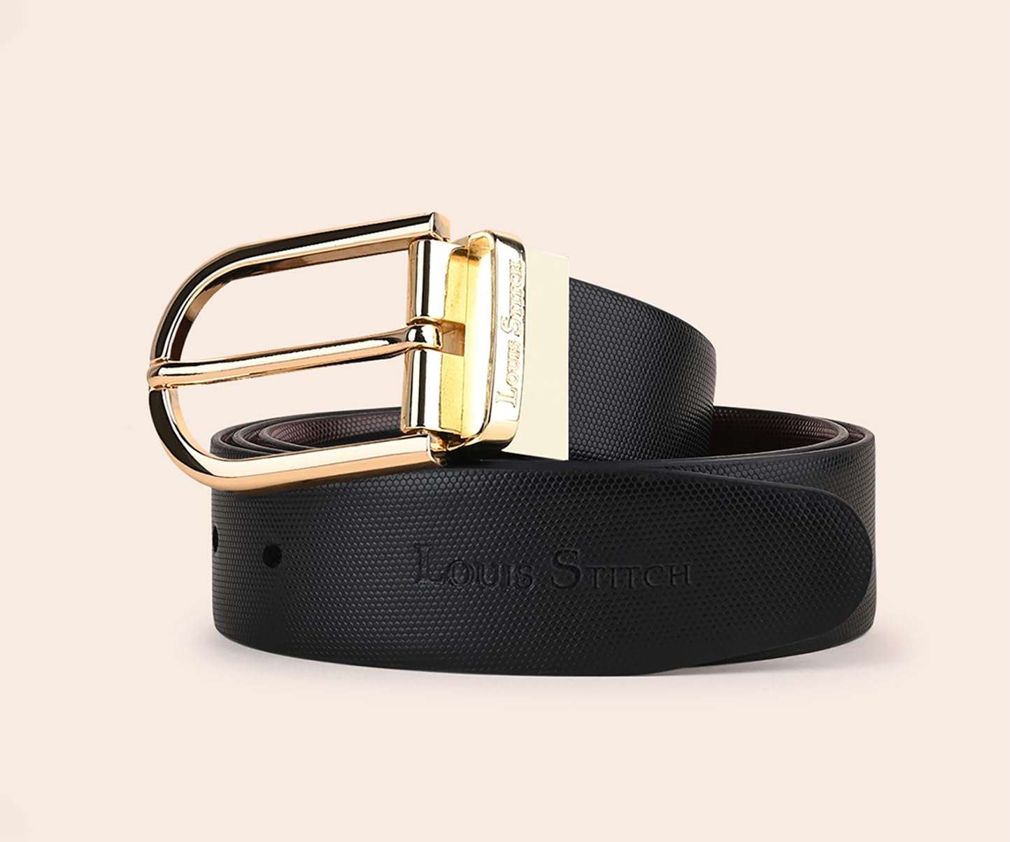 LOUIS STITCH Men's Italian Leather Reversible Belt 1.25 inch (35mm) Handcrafted Formal Waist Strap with Golden Buckle Belt for Men Gents Boys (Black/Brown) (BE-HCGD) (Size-30) 4