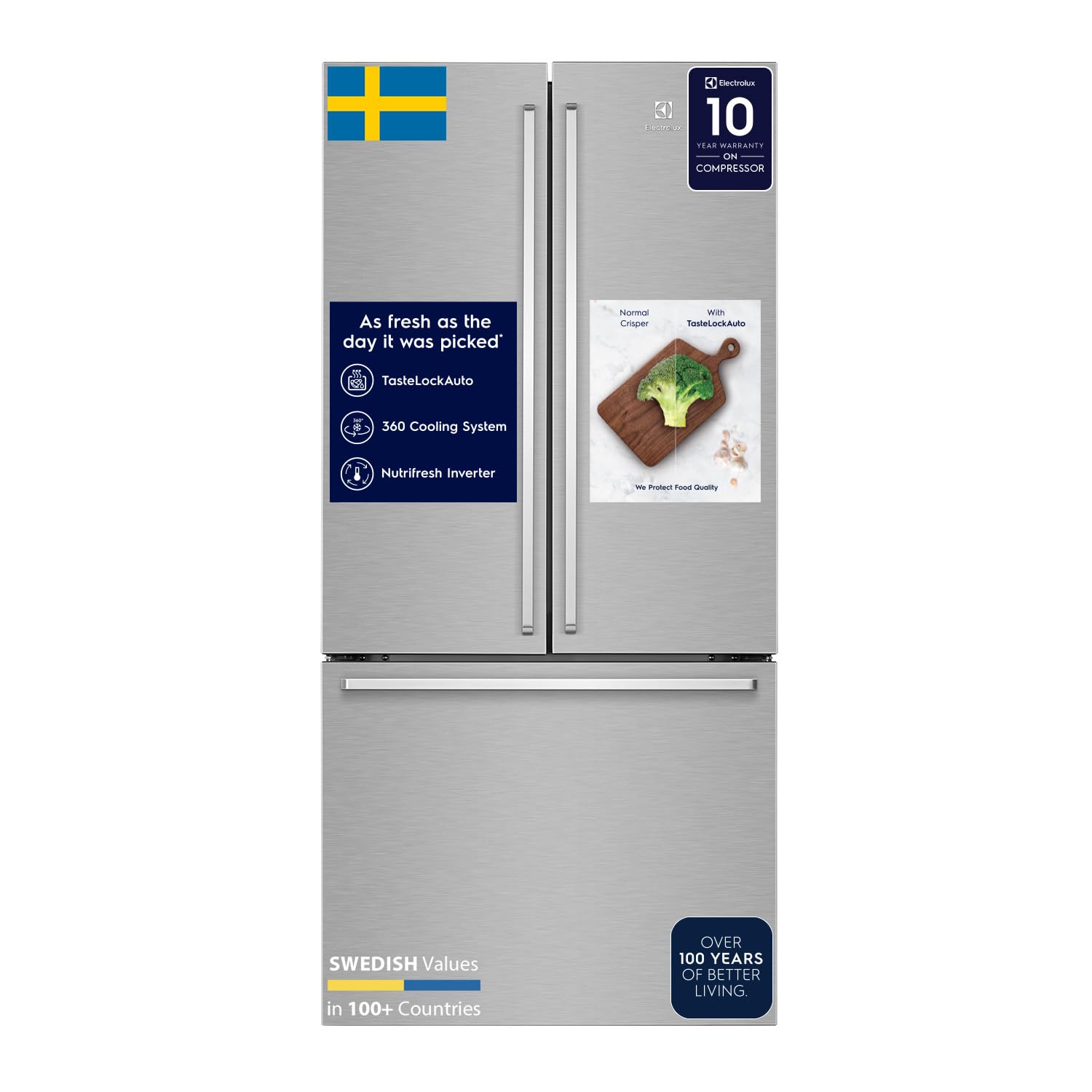 Electrolux 524L Frost Free Inverter French Door Refrigerator, TasteLockAuto Technology, AutoIce & EvenTemp Function, Arctic Silver Steel, UltimateTaste 700, EHE5224C-A