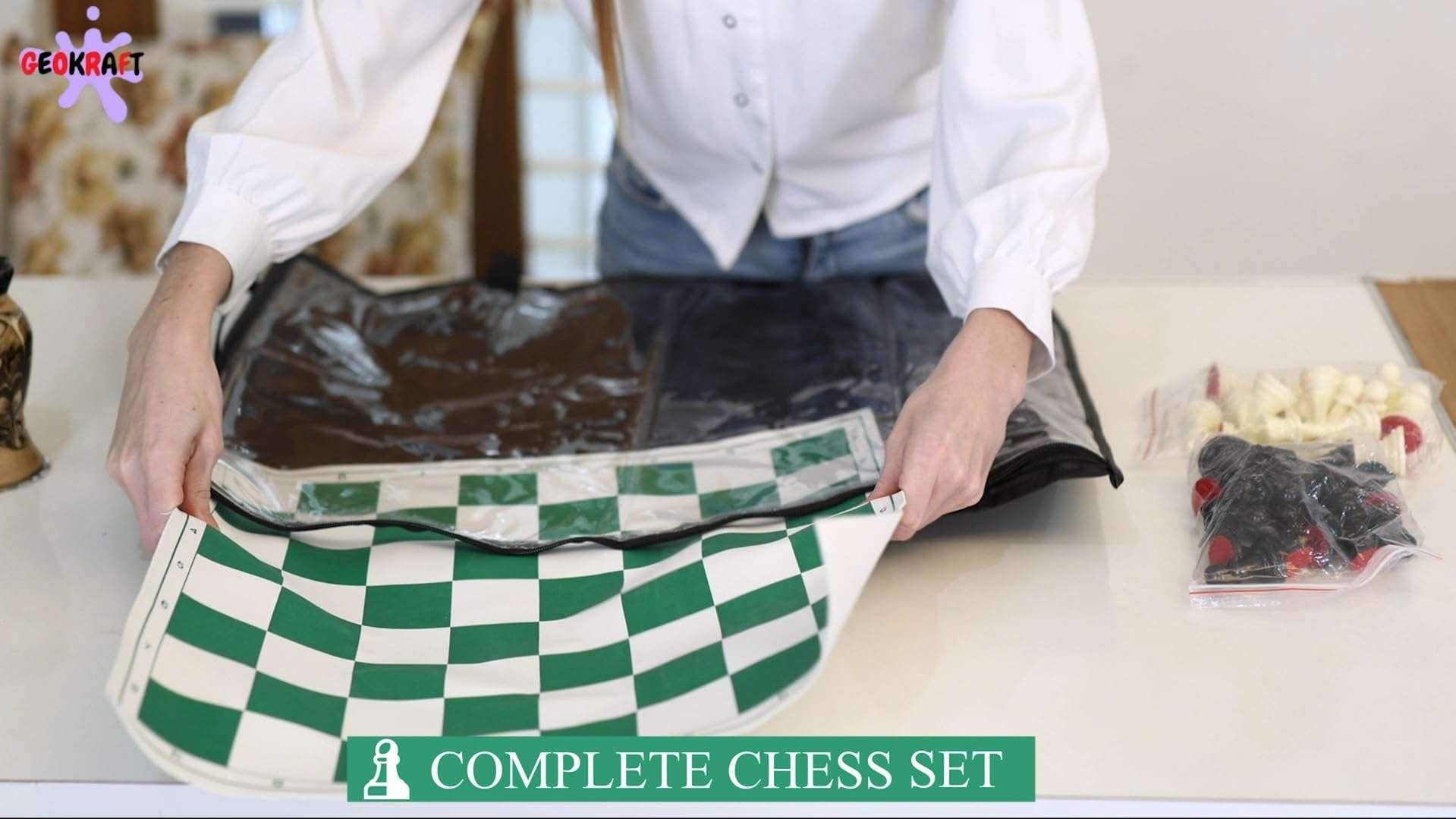 GeoKraft 18 * 18 Inches Roll-up Vinyl Tournament Chess Set with Storage Bag & Extra Queens,Premium Heavy Chess Pieces for Kids & Adults (Green) 4