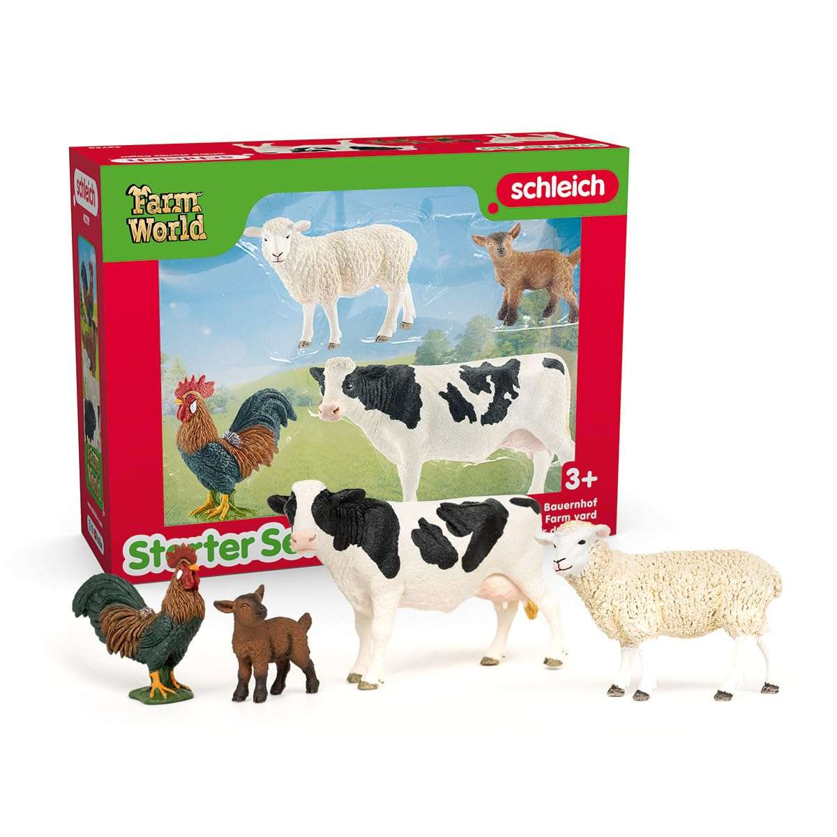 Schleich Farm World - Starter Set, Includes 4 x Collectible Toy Farm Animals, Cow, Sheep, Donkey Foal and Rooster Farm Animal Toys for Kids Ages 3+ 1