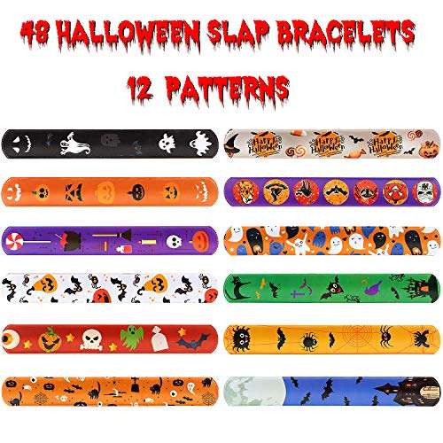 48 PCS Halloween Slap Bracelets for Kids Snap Bracelets Bulk with Spider Pumpkin Ghost Animal Print Craft Halloween Party Favors Birthday Gifts 4