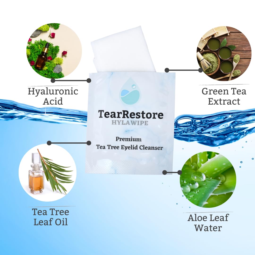 TearRestore Tea Tree HylaWipe Eyelid Wipes - 30 Count | Hydrating Eye Lid Cleanser | Blepharitis Treatment for Eyelids | Eye Lid Cleansing Wipes | Eyes Wipe for Dry, Red, Itchy, And Irritated Eyes 3