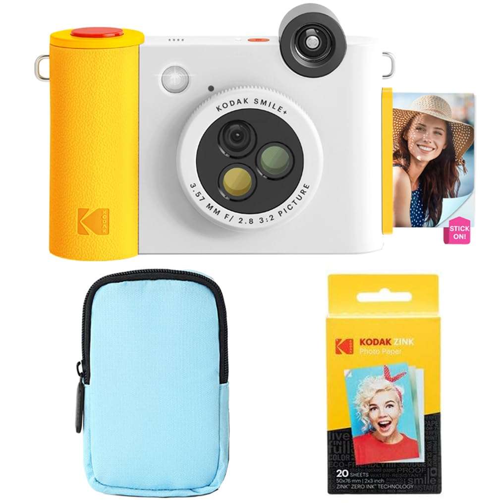 KODAK Smile+ 2-in-1 Digital Instant Print Camera & Wireless Bluetooth Photo Printer Starter Bundle + Deluxe Case + Zink 20pk Sticky-Back Photo Paper - 10MP, Special-Effect Rotating Lens - White 2