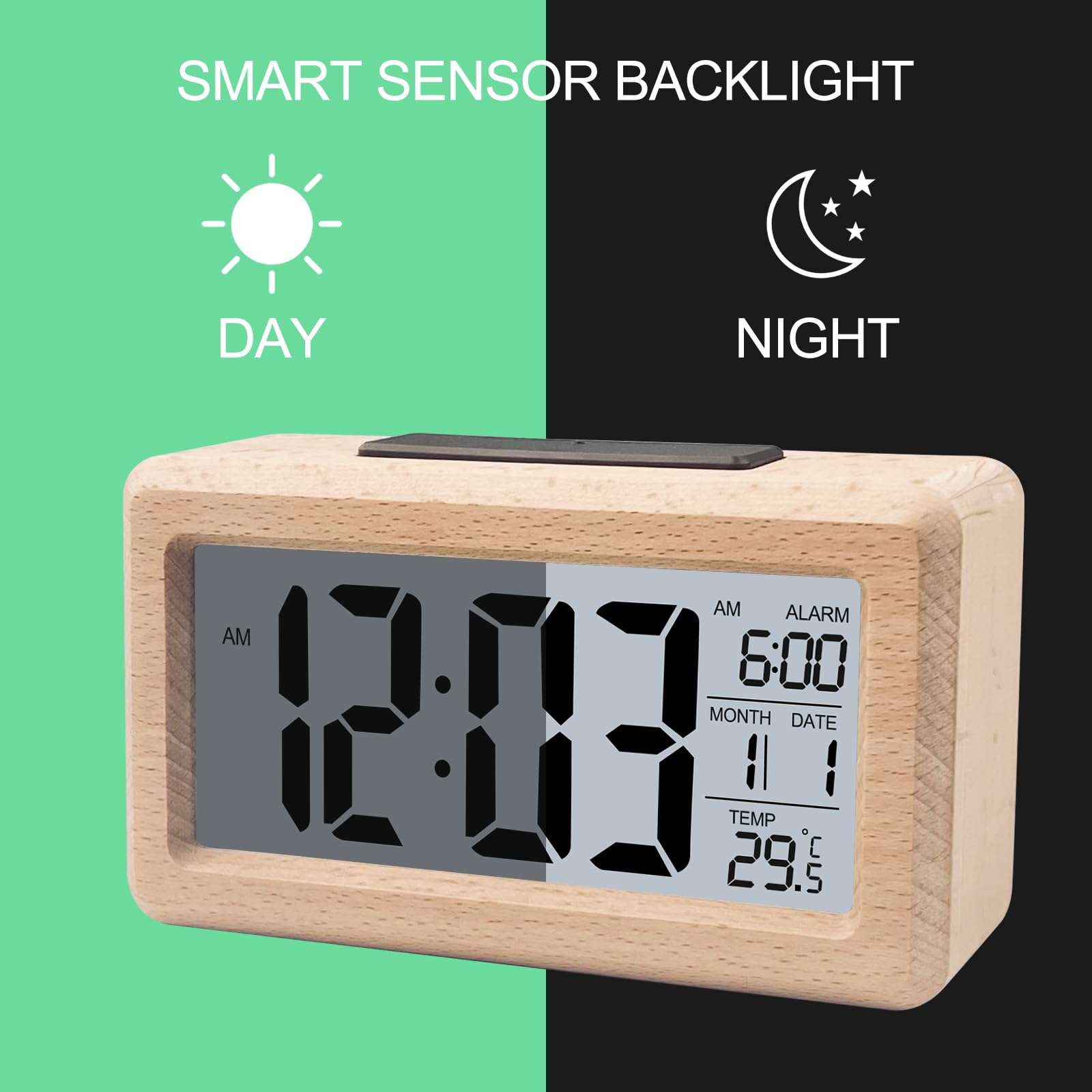 Kadio Digital Bedside Alarm Clock, Table Clock with LCD Display, Alarm Clocks with Temperature Date Snooze, Desk Clock for Home, Bedroom, Kitchen, Office, Battery Powered(Wooden Color) 5