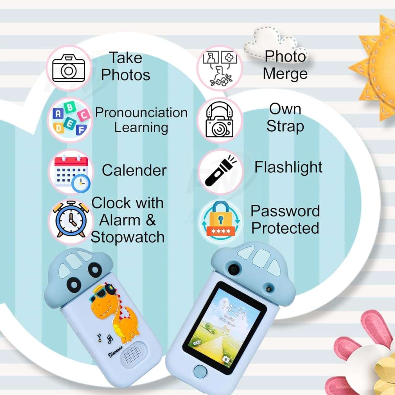 BLiSS HUES Kids Touchscreen Smartphone Toy with 2.8" Screen- 360 Degree Roatating 8MP Dual Camera- MP3 Music Player- in Built Games & Wallpapers- Dinosaur 3