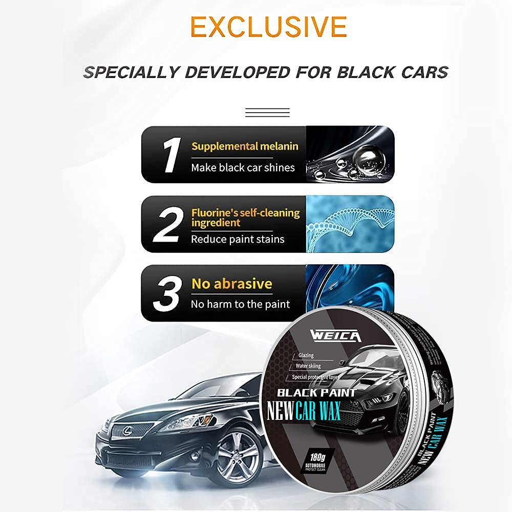 WEICA Car Wax Black Solid for Black Cars, Carnauba Car Wax Kit Cleaner, Ceramic Wash & Wax Car Soap for Black Car Clean & Shine in One Step,Rich Foaming Car Shampoo 6