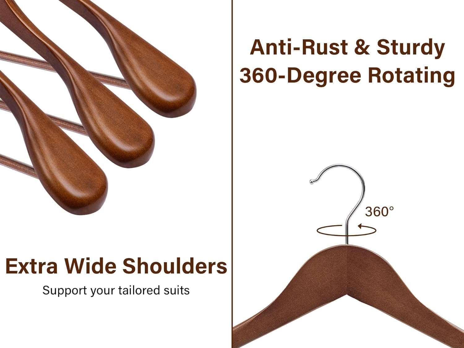 SHOPIVAAN - Extra Wide Shoulder Wooden Coat Hangers | Heavy-Duty Wooden Hangers for Clothes | Non-Slip Suit Hanger with 360° Swivel Hook | Solid Wood Hanger for Coats & Jackets (2, Walnut) 4