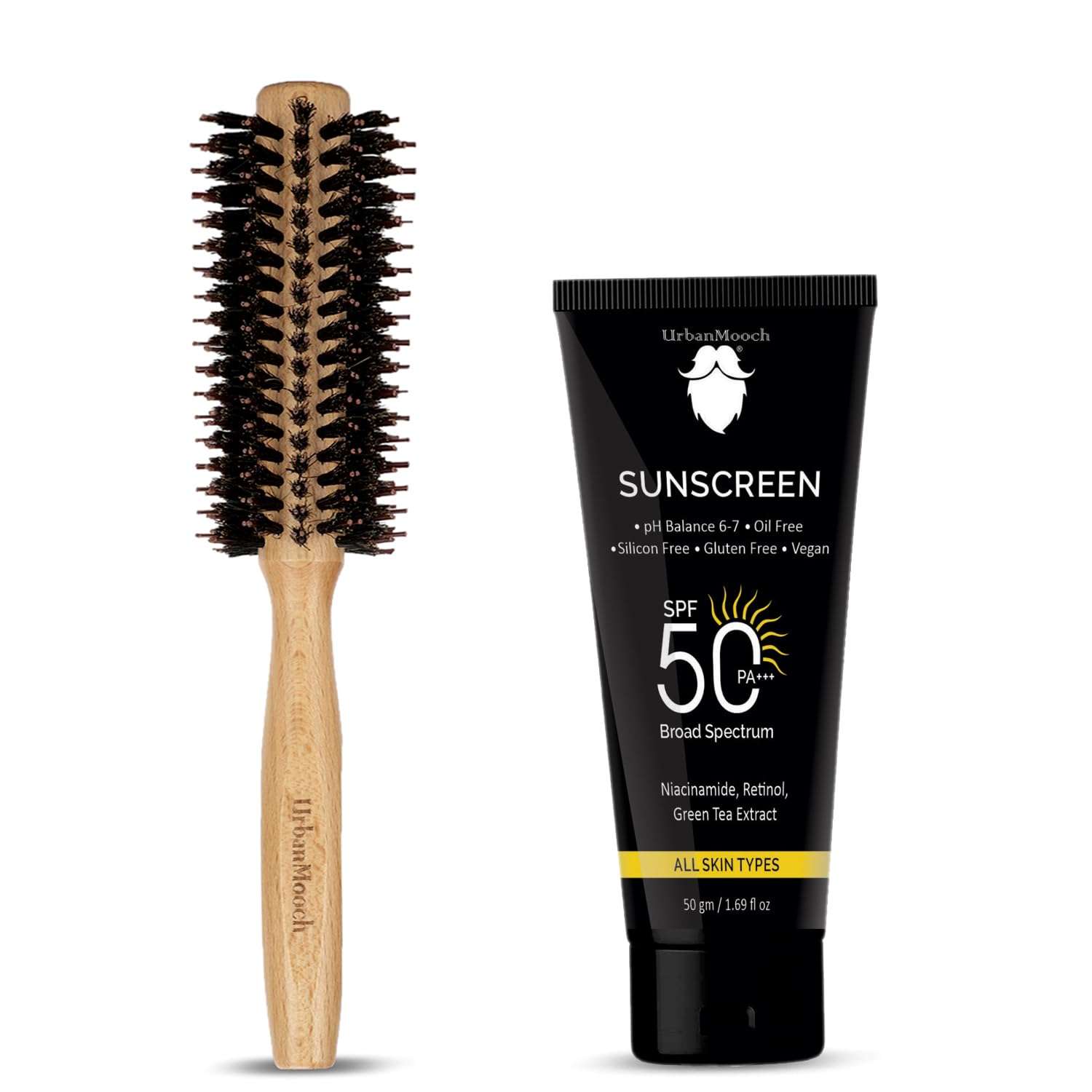 UrbanMooch Round Styling Hair Brush and SPF 50 Sunscreen Set, Vegan, Oil-Free, Broad Spectrum with Niacinamide, 50 gm 1