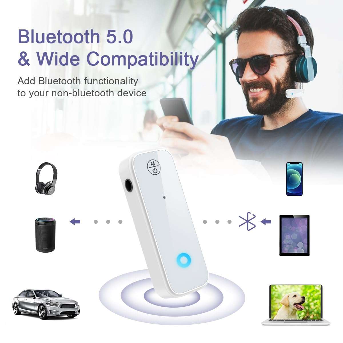 OQIMAX AUX Bluetooth Adapter, 2-in-1 Transmitter Receiver for Hands-Free Calls, Noise Cancelling, Bluetooth 5.0, Compatible With Car Stereos, Home Systems, and Headphones, Easy Connect 2