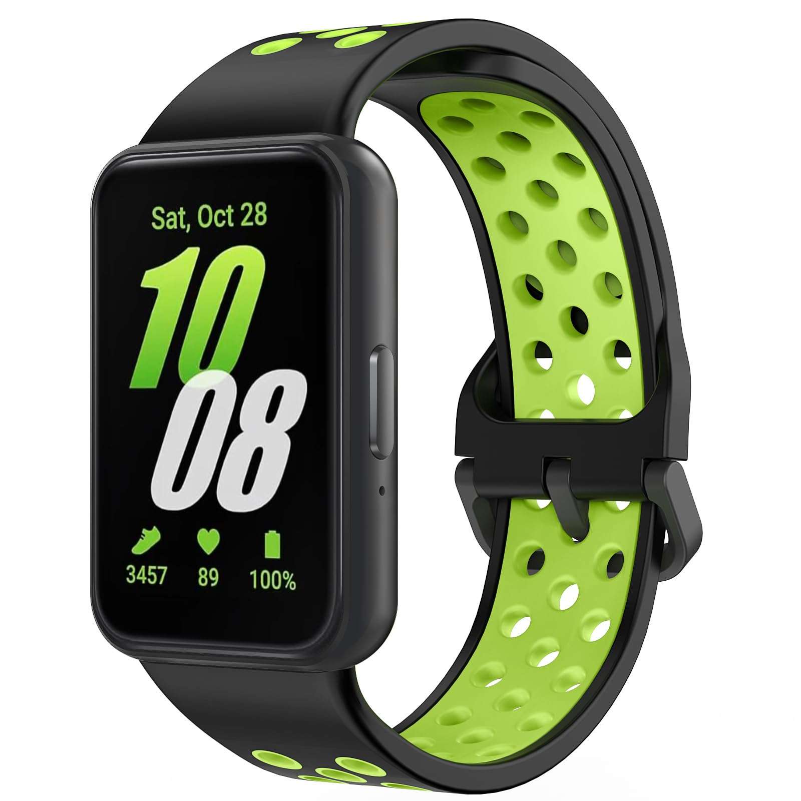 Sports Watch Band for Samsung Galaxy Fit 3, Two-color Perforated Breathable Replacement Wristband for Men and Women, Black Lime 1