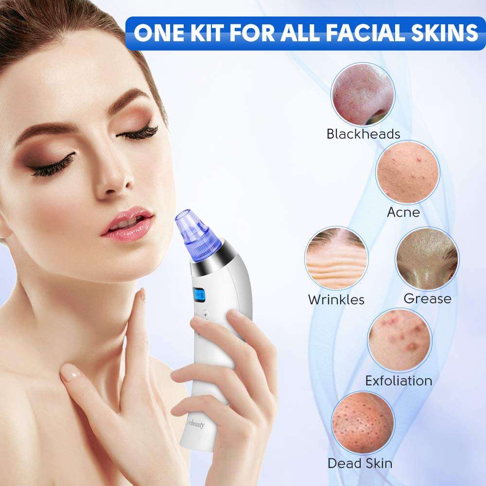 Blackhead Remover Vacuum, Pore Cleaner Electric Facial Blackhead Vacuum Blackhead Removal Tool with 4 Removable Probes 5 Adjustable Suction Force for All Skin Treatment LED Display USB Rechargeable 3