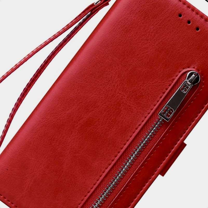 TROUNCE Zip Lock Pocket Ladies Card & Cash Wallet Purse Cover with Magnetic Closure (Red) for Realme X2 5