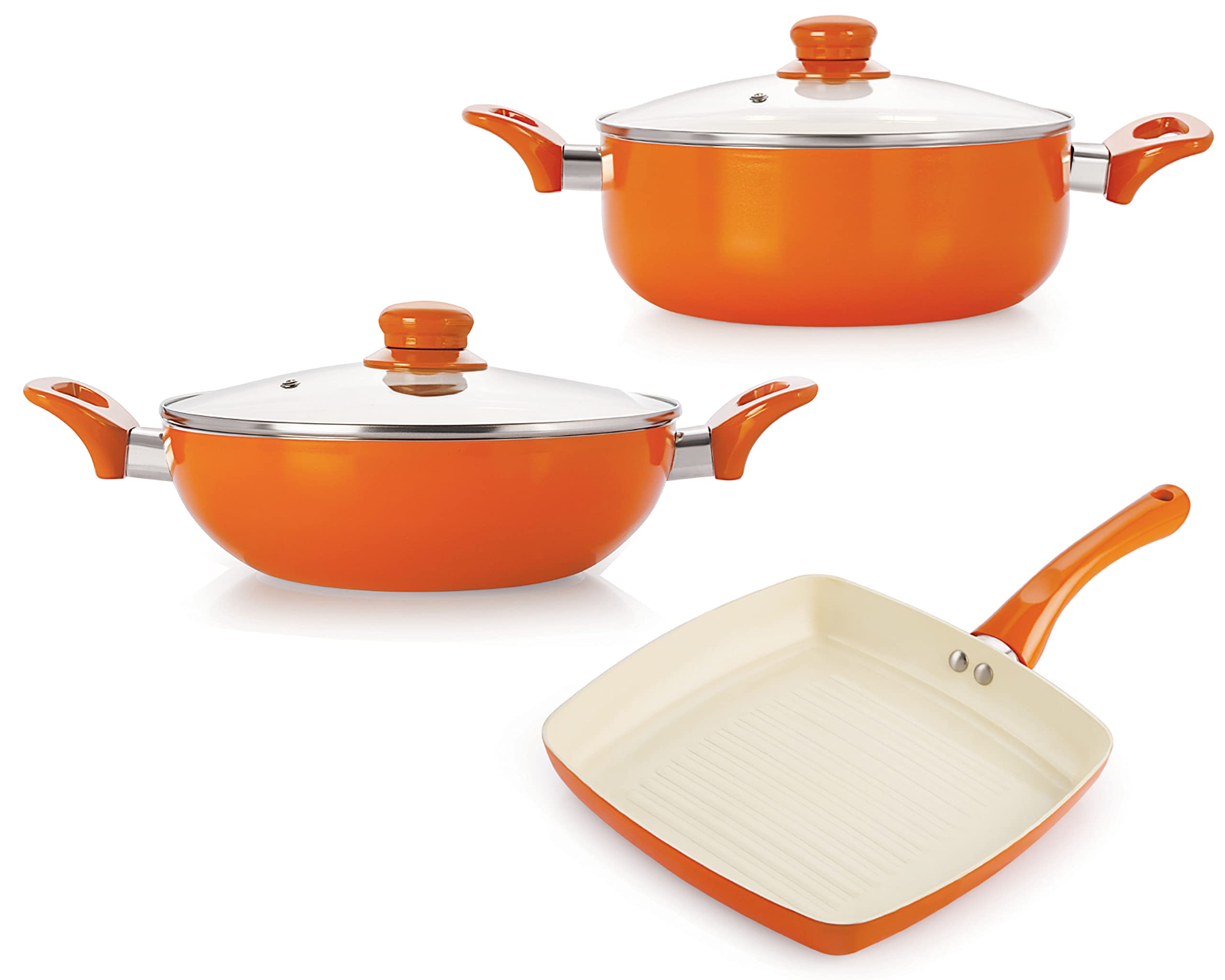 Nirlon 4 Layer Ceramic Non-Stick Induction Cookware 3 Pieces Combo Set (Grill Pan 1.5 Liter, Deep Kadhai 2.4 Liter & 3 Liter) Orange Colour 1