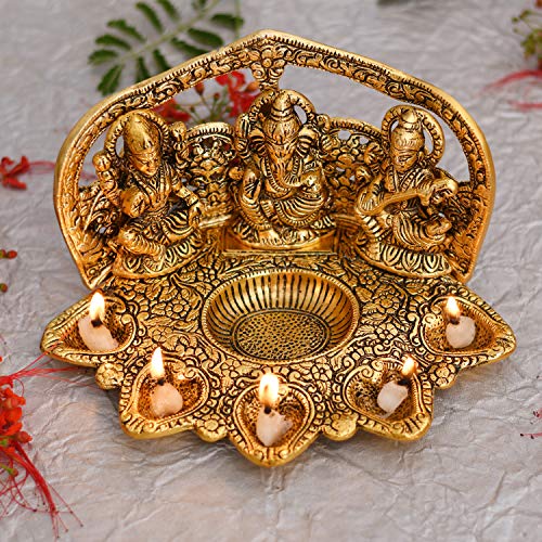 Collectible India Laxmi Ganesh Saraswati Idol Diya Oil Lamp Deepak - Metal Lakshmi Ganesha Showpiece Statue - Traditional Diya for Diwali Puja - Diwali Home Decoration Items Gifts (1) (1) 1