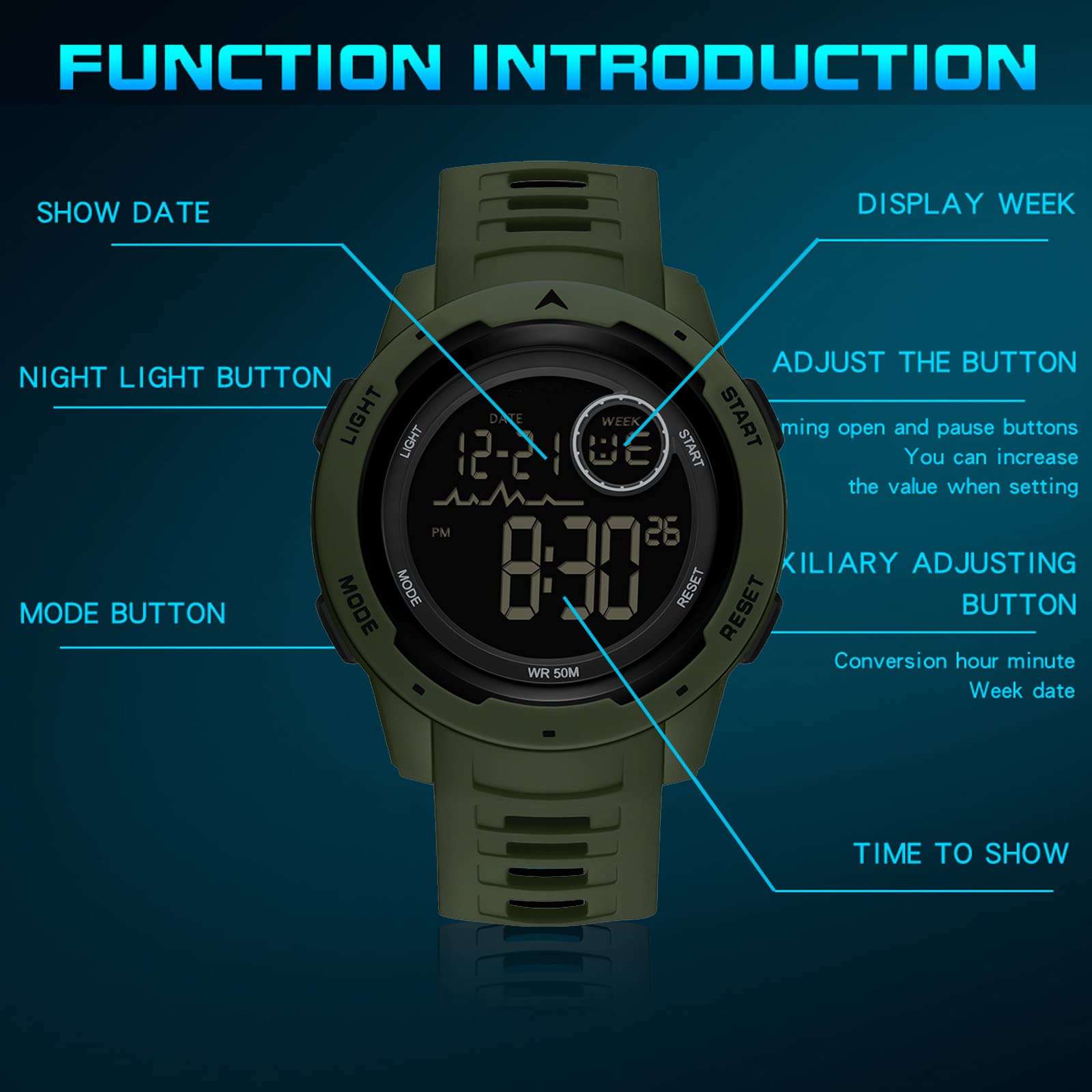 findtime Green Digital Watch Men Women Watches Running Swimming Waterproof Reloj para Hombre Mens Military Tactical Sports 5ATM LED Back Ligh/Alarm/Date/12/24H Stopwatch Outdoor Unisex 5